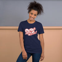 photograph of woman wearing spanglish red sox the red seat design white lettering on navy blue unisex t-shirt