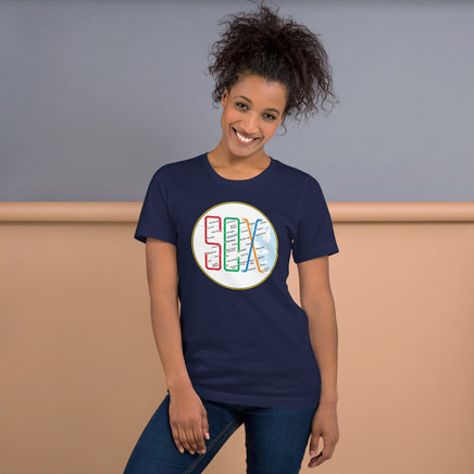 woman wearing Boston MBTA design as Red Sox stops using the word Sox, on navy blue t-shirt