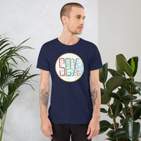 man wearing Boston MBTA design as Red Sox stops using the word Sox, on navy blue t-shirt