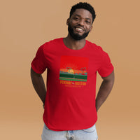 photo of man wearing the red seat boston hand drawn design of sunset at fenway park red unisex t-shirt