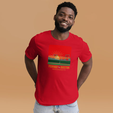 photo of man wearing the red seat boston hand drawn design of sunset at fenway park red unisex t-shirt