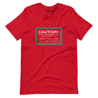 Red unisex t-shirt with fenway park caution warning in white text