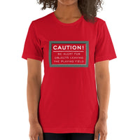 woman wearing Red unisex t-shirt with fenway park caution warning in white text