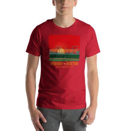 photo of man wearing the red seat boston hand drawn design of sunset at fenway park red unisex t-shirt