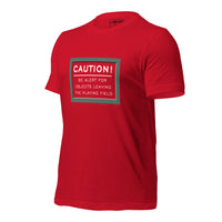 Red unisex t-shirt with fenway park caution warning in white text