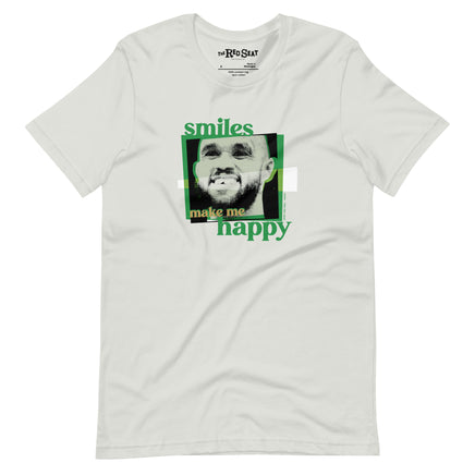 silver grey shirt with boston celtics derrick white smiling with a chipped tooth