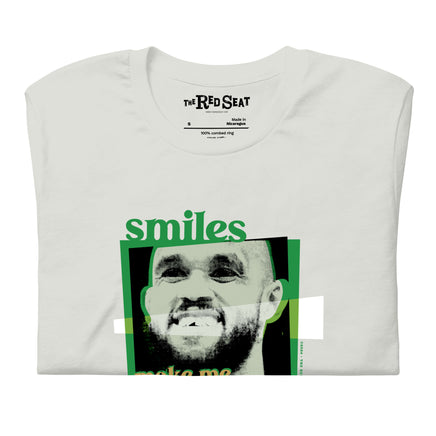 close up of silver grey unisex shirt with boston celtics derrick white smiling with a chipped tooth