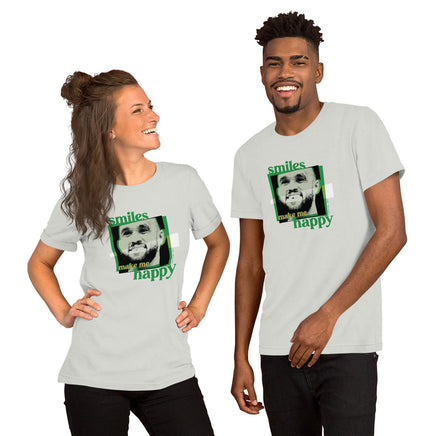 man and woman wearing silver grey unisex shirt with boston celtics derrick white smiling with a chipped tooth