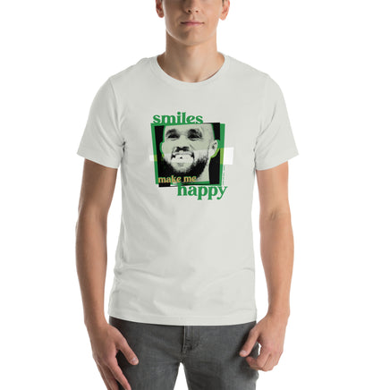 man wearing silver grey unisex shirt with boston celtics derrick white smiling with a chipped tooth
