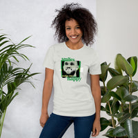 woman wearing silver grey unisex shirt with boston celtics derrick white smiling with a chipped tooth