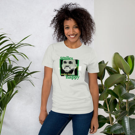 woman wearing silver grey unisex shirt with boston celtics derrick white smiling with a chipped tooth