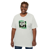 woman wearing silver grey unisex shirt with boston celtics derrick white smiling with a chipped tooth