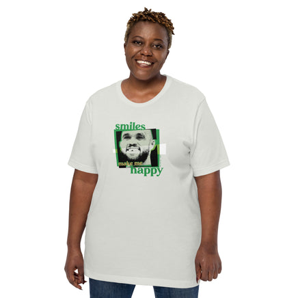 woman wearing silver grey unisex shirt with boston celtics derrick white smiling with a chipped tooth