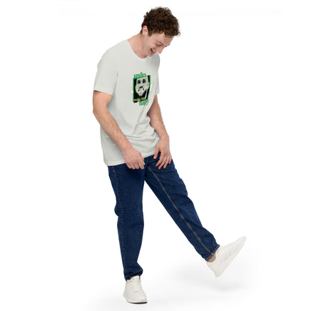 man wearing silver grey unisex shirt with boston celtics derrick white smiling with a chipped tooth