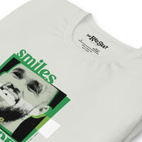 close up of silver grey unisex shirt with boston celtics derrick white smiling with a chipped tooth