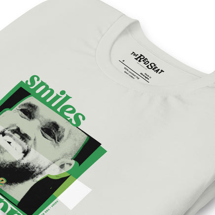 close up of silver grey unisex shirt with boston celtics derrick white smiling with a chipped tooth