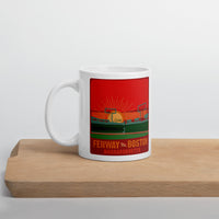 photo of white mug with the red seat boston hand drawn design of sunset at fenway park red mug