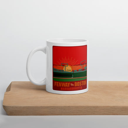 photo of white mug with the red seat boston hand drawn design of sunset at fenway park red mug