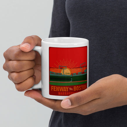 photo of white mug with the red seat boston hand drawn design of sunset at fenway park red mug