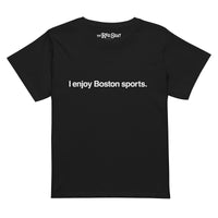 women's black t-shirt with the words i enjoy boston sports in white simple text.