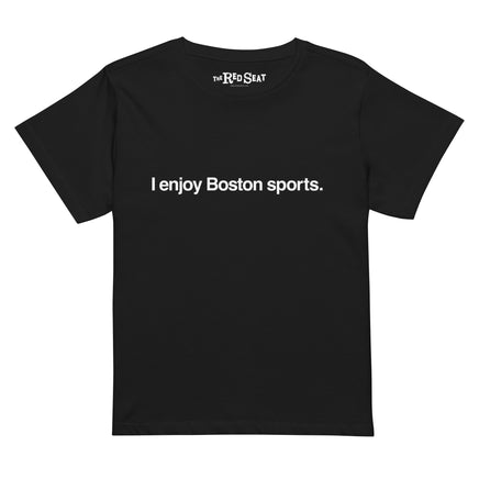 women's black t-shirt with the words i enjoy boston sports in white simple text.