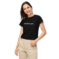 woman wearing women's black t-shirt with the words i enjoy boston sports in white simple text.