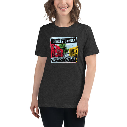 photo of woman wearing dark grey t-shirt with boston red sox fenway park jersey street gate a design with blocks of color
