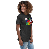 woman wearing dark grey t-shirt with BORESTDSONOX in color blocks boston red sox the red seat