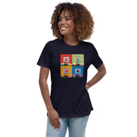 woman wearing Navy blue t-shirt with boston citgo sign design in colorful 4 up grid in the style of andy warhol