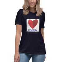 photo of woman wearing navy blue women's t-shirt with the boston fenway citgo sign in the shape of a heart