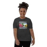 photo of girl wearing dark grey t-shirt with boston red sox fenway park jersey street gate a design with blocks of color