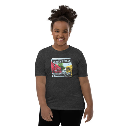 photo of girl wearing dark grey t-shirt with boston red sox fenway park jersey street gate a design with blocks of color