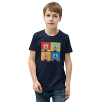 boy wearing Navy blue youth unisex t-shirt with boston citgo sign design in colorful 4 up grid in the style of andy warhol
