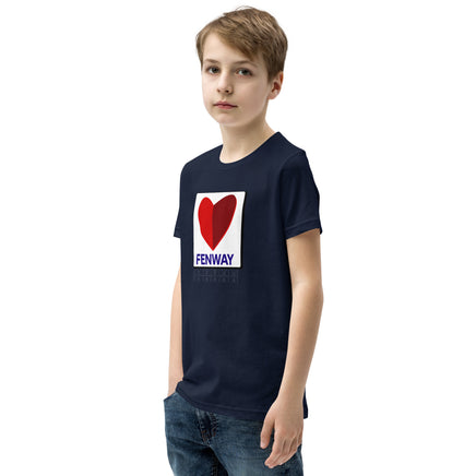 boy wearing navy youth t-shirt with the boston fenway citgo sign in the shape of a heart