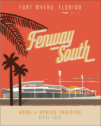 Fenway South art print with red background and jetblue park with palm trees.