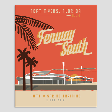 Fenway South art print with red background and jetblue park with palm trees.