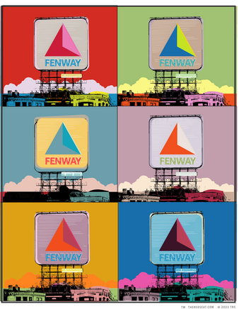 Art print design of boston citgo sign design in colorful 6 up grid in the style of andy warhol