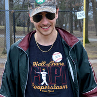 photograph of man wearing The Hall The Red Seat David Ortiz Boston Red Sox Cooperstown Hall of fame Elvis comeback special design on black unisex t-shirt