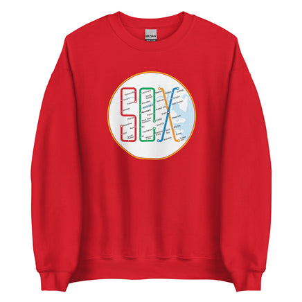 Boston MBTA design as Red Sox stops using the word Sox, on red crewneck sweatshirt