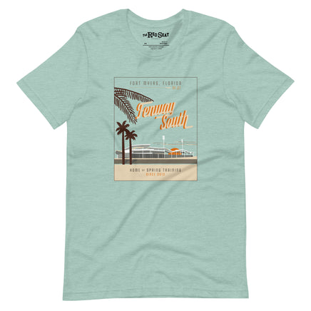 light green t-shirt with Mid Century modern design of JetBlue Park in Fort Myers at Sunset. Red Sox Spring Training.