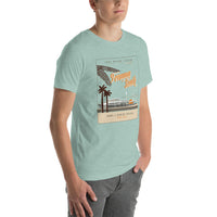 side view of man wearing unisex light green t-shirt with Mid Century modern design of JetBlue Park in Fort Myers at Sunset. Red Sox Spring Training.