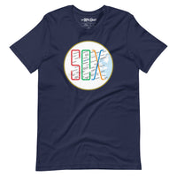 Boston MBTA design as Red Sox stops using the word Sox, on navy blue unisex t-shirt