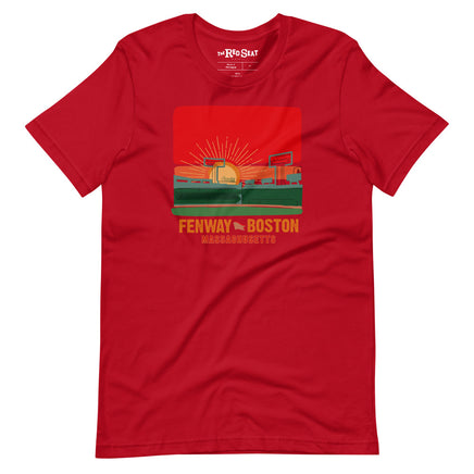 the red seat boston hand drawn design of sunset at fenway park red unisex t-shirt