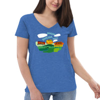 the red seat middle 8 design of fenway park on a blue women's v-neck t-shirt with sweet caroline so good.