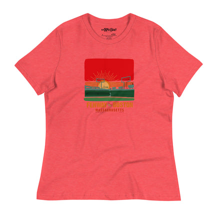 the red seat boston hand drawn design of sunset at fenway park red woman's T-shirt