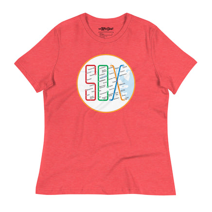 Boston MBTA design as Red Sox stops using the word Sox, on red women's t-shirt