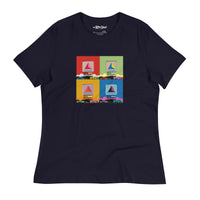 Navy blue women t-shirt with boston citgo sign design in colorful 4 up grid in the style of andy warhol