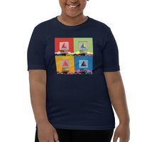 girl wearing Navy blue youth unisex t-shirt with boston citgo sign design in colorful 4 up grid in the style of andy warhol