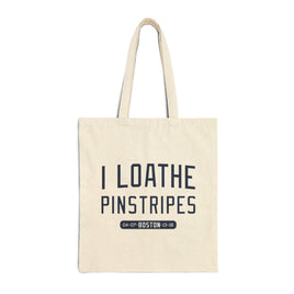 tan canvas tote bag with the red sox phrase i loathe pinstripes by the red seat