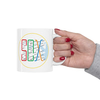 person holding white mug with design of the boston MBTA map in the shape of the word SOX
